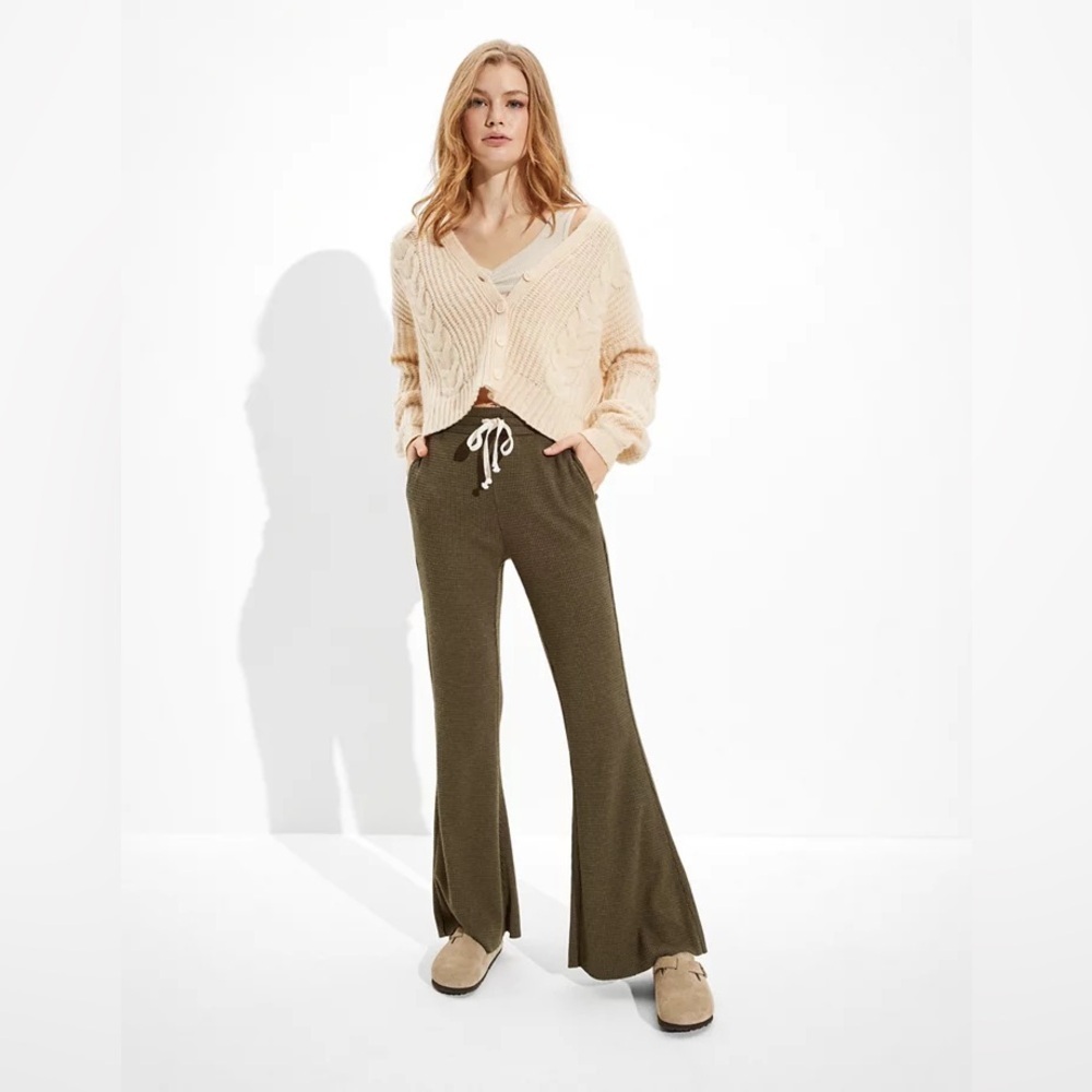 AE Waffle Super High Waisted Flare Pants Olive Green  Drawstring Women’s Sm NWT